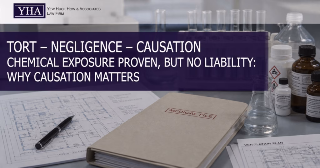 Laboratory glassware, ventilation plans and medical evidence files illustrating causation in a workplace chemical-exposure negligence claim.
