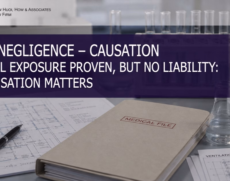 Laboratory glassware, ventilation plans and medical evidence files illustrating causation in a workplace chemical-exposure negligence claim.